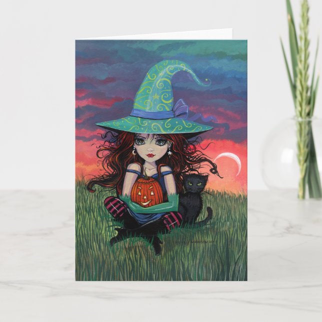 Cartão de Halloween de Bruxa e Gato (Frente)