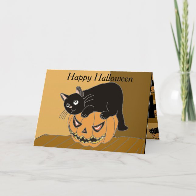 Cartão de Halloween de Gato e Abóbora (Frente)