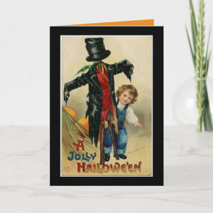 Cartão de Halloween de Menino Antigo com Espantalh