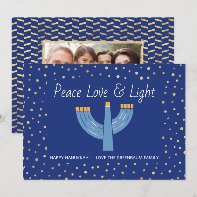 Cartão de Hanukkah Azul e Dourado Moderno (Frente/Verso)