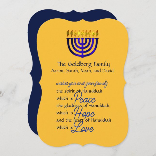 Cartão de Hanukkah do Menorá Azul (Frente/Verso)