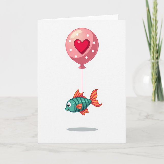 Cartão de História de Amor do Peixe Azul com Balão (Frente)