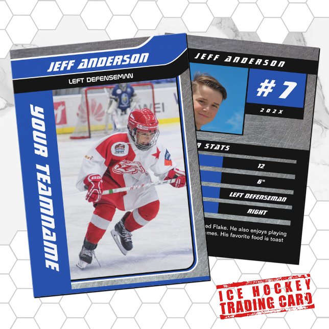 Cartão de Hóquei no Gelo Azul (Hockey Trading Card with custom team name and hockey player name in Blue and Black)