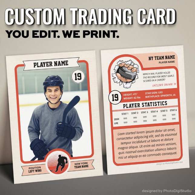 Cartão de Hóquei Personalizado, Cartão Vintage Pla (Vintage Custom Hockey Trading Card, Red Player Card)