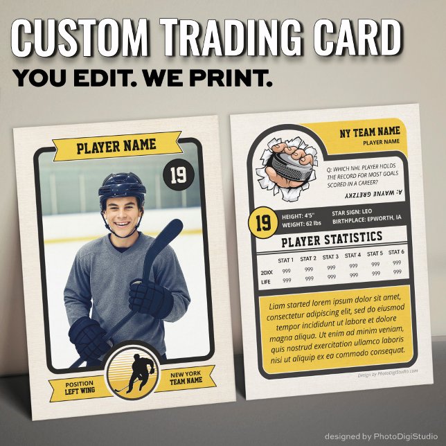 Cartão de Hóquei Personalizado, Cartão Vintage Pla (Vintage Custom Hockey Trading Card, Gold Player Card)