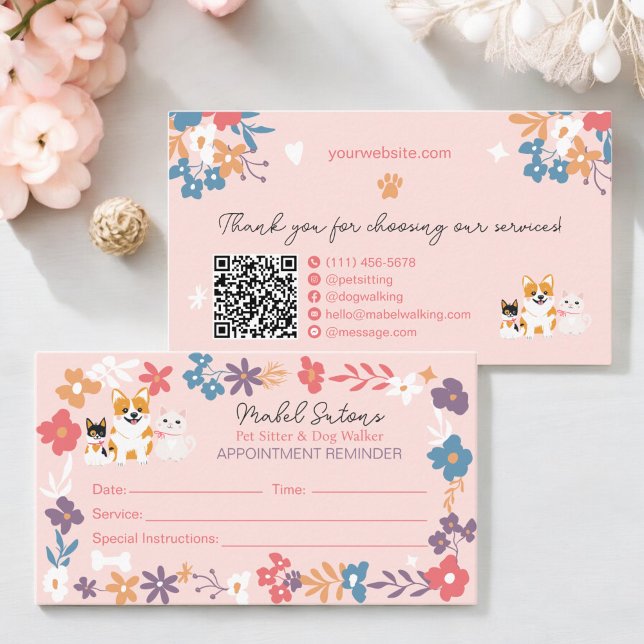 Cartão De Horário Balcão-de-bico-bicho-de-estimação (Whimsical floral pet sitter dog walker business appointment card)