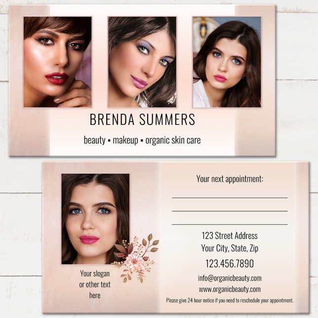 Cartão De Horário Beleza Fotográfica Nomeação Profissional de Saúde  (An elegant beauty appointment business card featuring your photos on a peach pink stylish design)