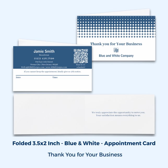 Cartão De Horário Blue & White Folded Combined Thank You & (Blue & White Folded Combined Thank You & Appointment Card)