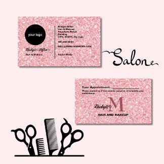 Cartão De Horário Blush Glitter hair salon monogram Logo