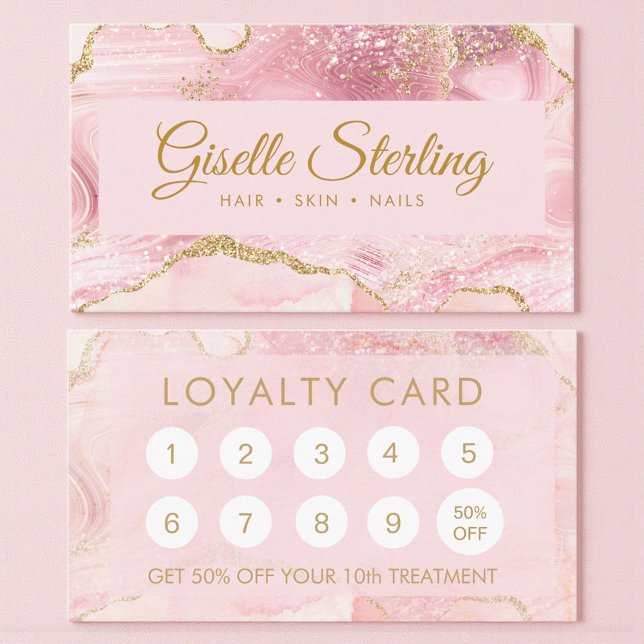 Cartão De Horário Blush Pink Gold Agate Marble Loyalty Card (Criador carregado)