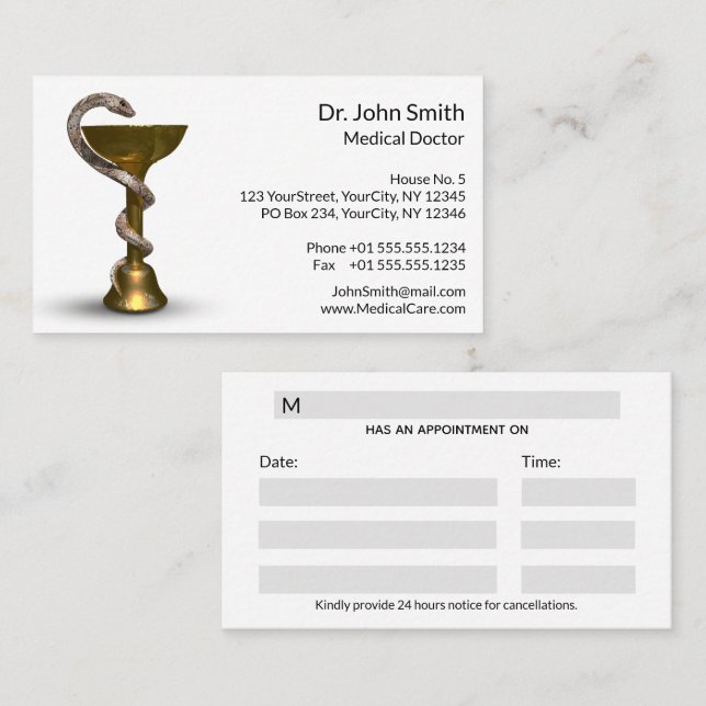 Cartão De Horário Caduco Branco da Cobra de Hygieia do Bowl Médico d (Frente/Verso)