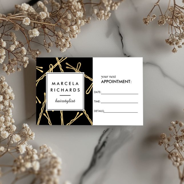 Cartão De Horário Chic Dourado Bobby Pins Cabelo Salão Preto Nomeaçã (Criador carregado)