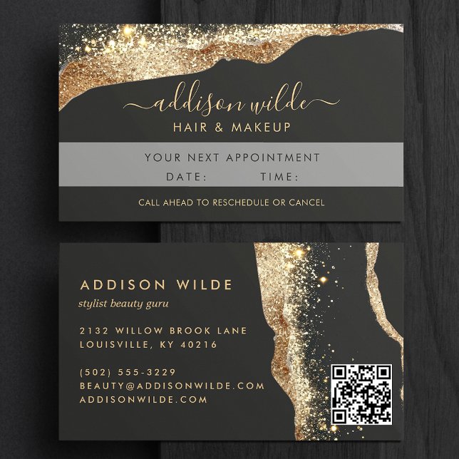 Cartão De Horário Código QR de Glitter Preto e Dourado Deslumbrante  (Criador carregado)
