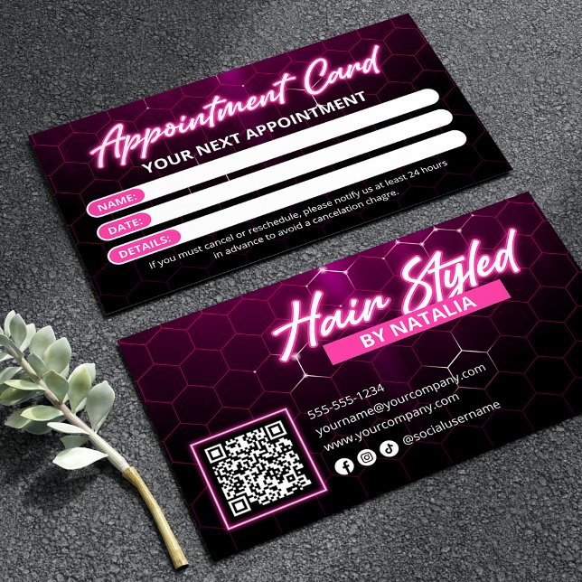 Cartão De Horário Código Qr do Salão de Cabelo Neon Preto e Rosa (Criador carregado)