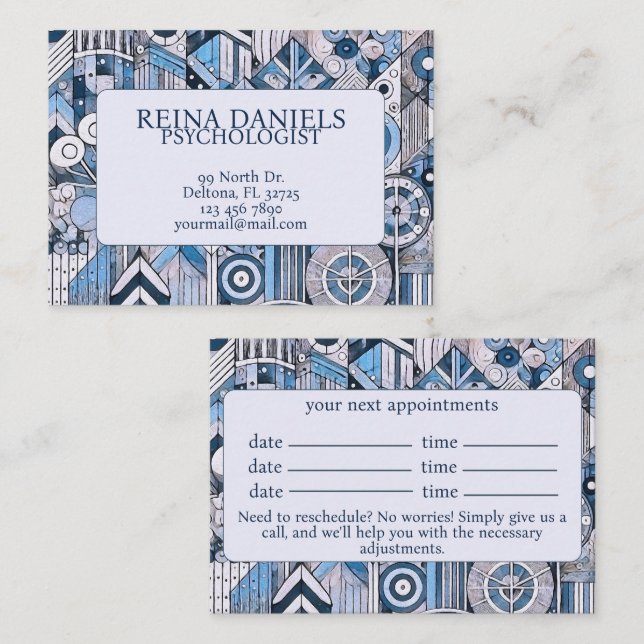 Cartão De Horário Deco de arte elegante em azul e branco (Frente/Verso)