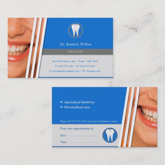 Cartão De Horário Dental Azul | Personalizar Dentista (Frente/Verso)