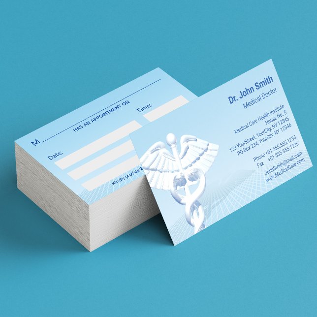 Cartão De Horário Design Azul 3D Caduceus Branco Médico (Criador carregado)