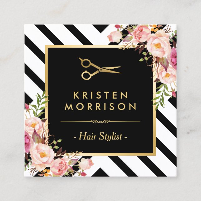 Cartão De Horário Dourada Tesoura Flores Cabelo Fixo Compromisso (Frente)