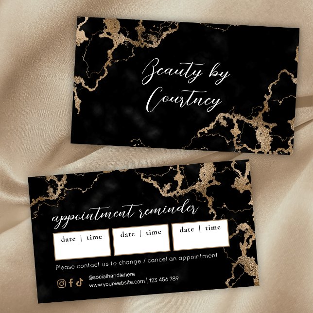 Cartão De Horário Elegant Script Gold & Black Marble Beauty Salon (Modern black marble and gold appointment cards )