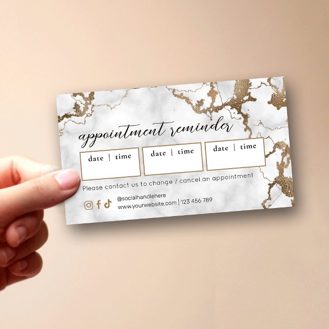 Cartão De Horário Elegant Script Gold Marble Beauty Salon Hair Spa (Modern elegant marble and gold appointment cards )