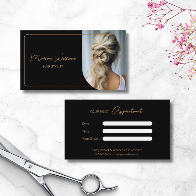 Cartão De Horário Estilos de Cabelo de Foto Personalizados Modernos, (Modern Custom Photo Hair Stylist Black and Gold Appointment Card)