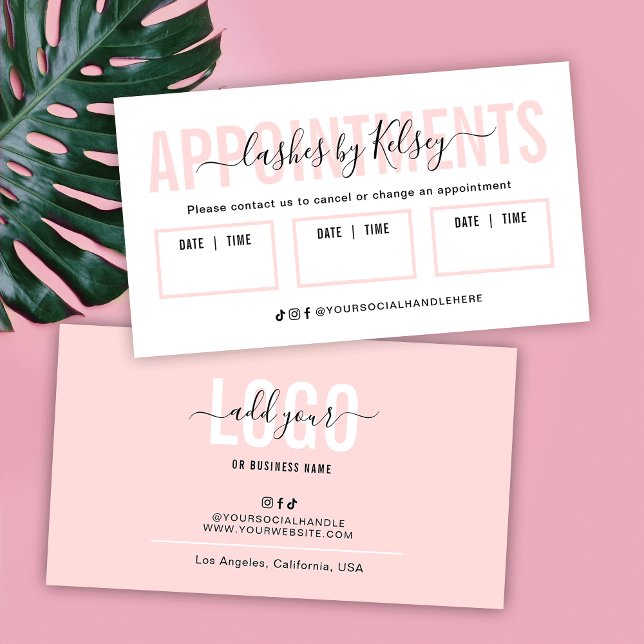 Cartão De Horário Feminine Blush Pink Beauty Salon Lash Spa Logo (Feminine blush pink and white salon appointment reminder cards)