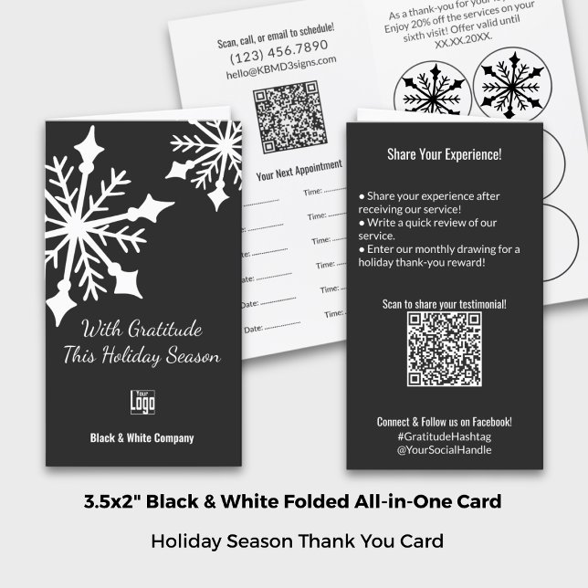 Cartão De Horário Feriado Branco Dobrado ObrigadoRevise a lealdade (Folded Black White Holiday Thank You Review Loyalty Appointment Card; Size: 3.5"x2", Portrait Format)