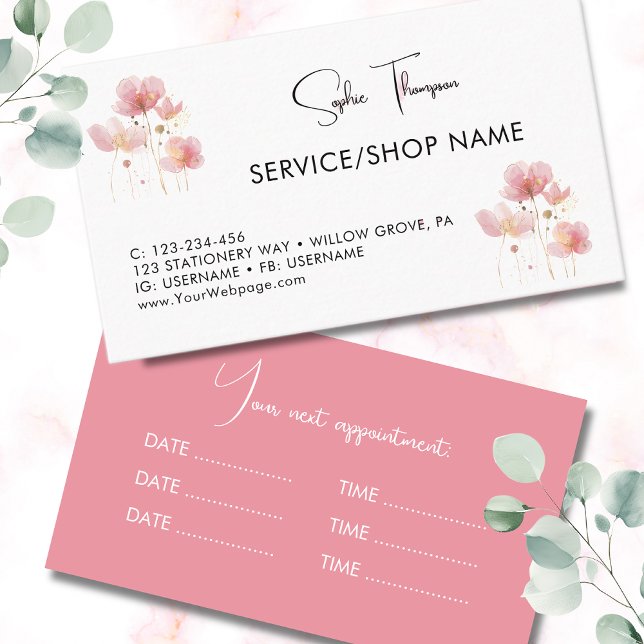 Cartão De Horário Flores rosadas, simples e elegantes, de ouro e rús (Criador carregado)