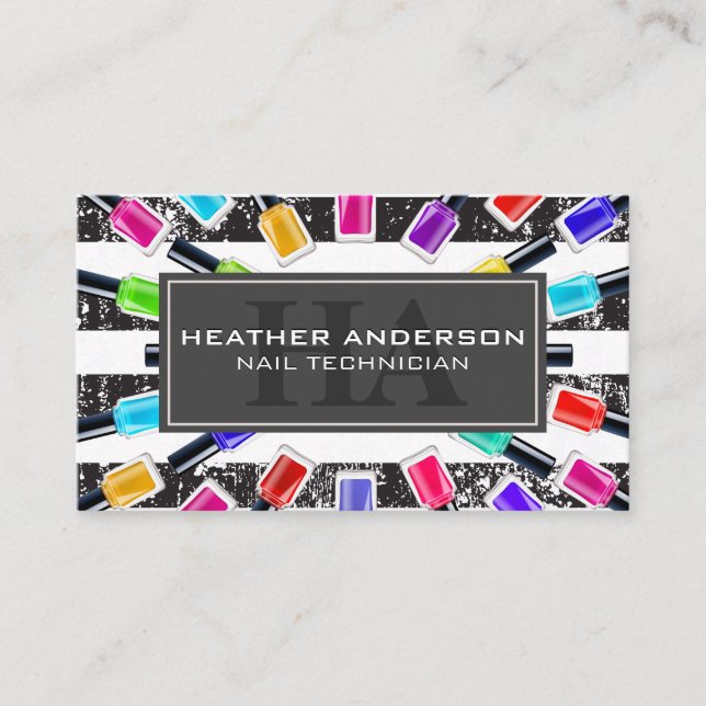 Cartão De Horário Frascos Poloneses para unhas | Monograma e tiras | (Frente)