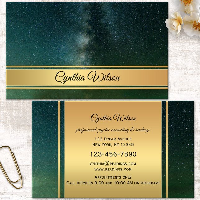 Cartão De Horário Galáxia Dourada psicológica ou alegre-viajante (Professional spiritual medium clairvoyant or fortune teller gold celestial business card - new age)