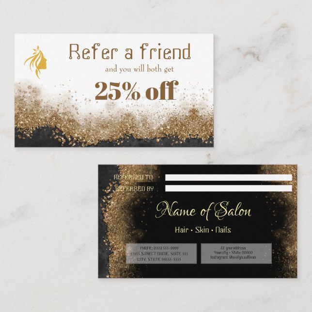 Cartão De Horário Gold and black   Salon Referral Card (Frente/Verso)