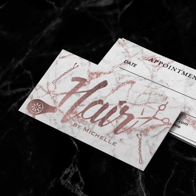 Cartão De Horário Hair Salon Rosa Dourado Typografia Marble Appoint (Criador carregado)