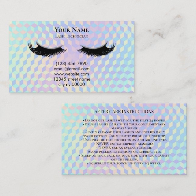 Cartão De Horário Holographic Lash Technician After care Card (Frente/Verso)