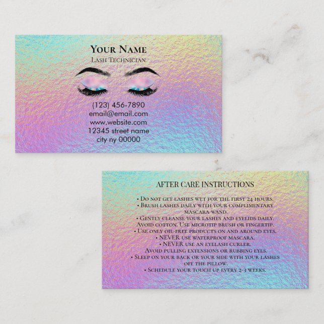 Cartão De Horário Holographic Lash Technician After care Card (Frente/Verso)