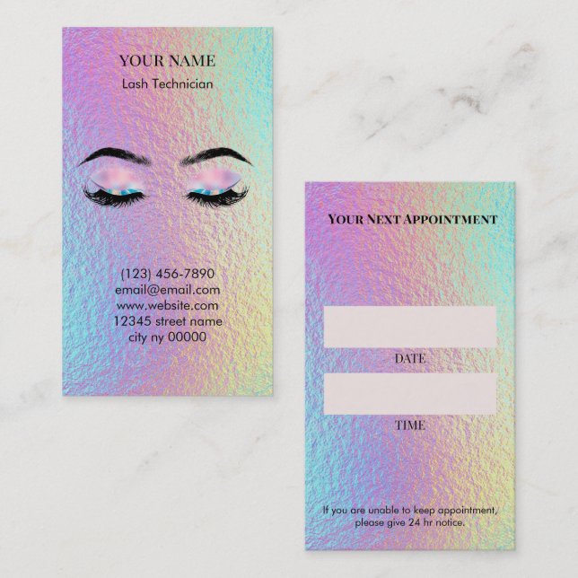 Cartão De Horário Holographic Lash Technician Appointment Card (Frente/Verso)