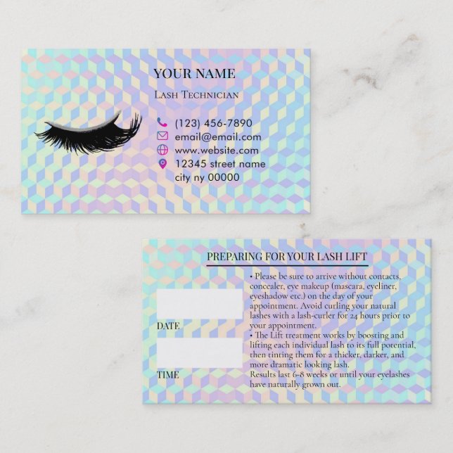 Cartão De Horário Holographic Lashes Before care Appointment Card (Frente/Verso)