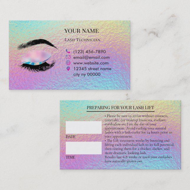 Cartão De Horário Holographic Lashes Before care Appointment Card (Frente/Verso)