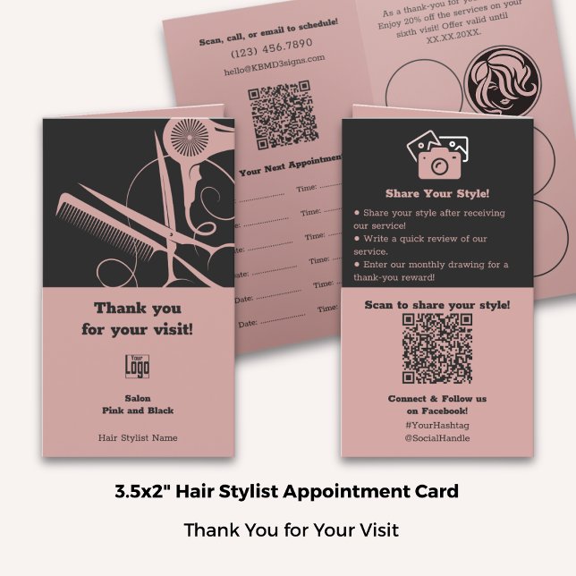 Cartão De Horário Lealdade Preta Cor-de-Pia Cor-de-Cabelo Dobrada (Folded Hair Stylist Pink Black Loyalty Thank You & Appointment Card; Standard Size 3.5x2 Inch)