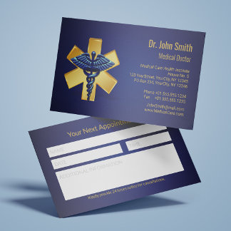 Cartão De Horário Lembrete Cruz Dourada Caduceu 3D Médico Azul