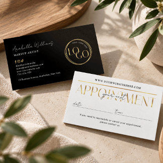 Cartão De Horário Logotipo Moderno Preto e Dourado de Maquiagem e Sa