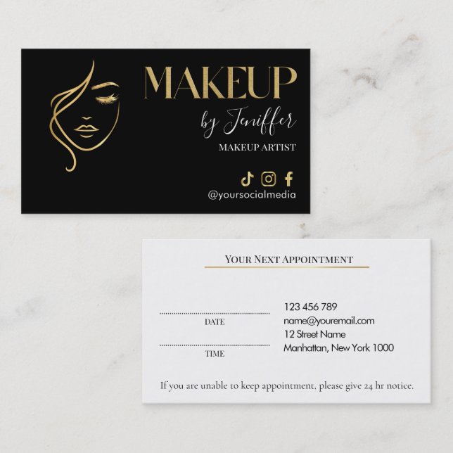 Cartão De Horário Luxury Black & Gold Makeup Appointment Card (Frente/Verso)