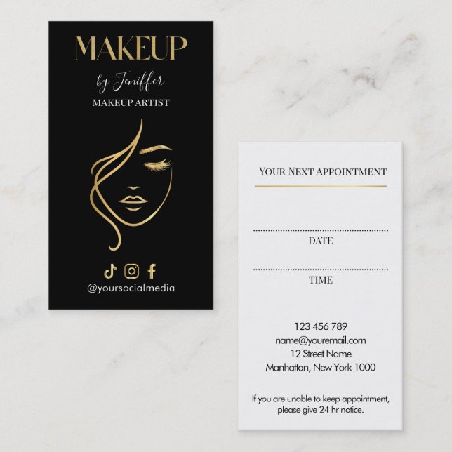Cartão De Horário Luxury Black & Gold Makeup Appointment Card (Frente/Verso)