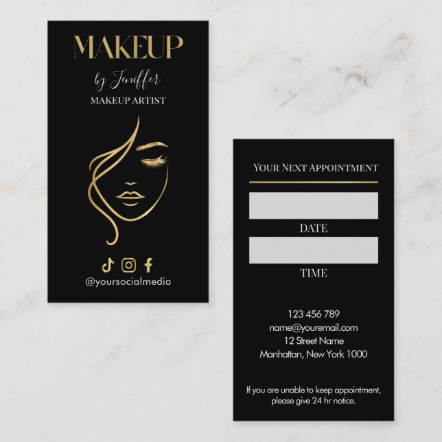 Cartão De Horário Luxury Black & Gold Makeup Appointment Card (Frente/Verso)