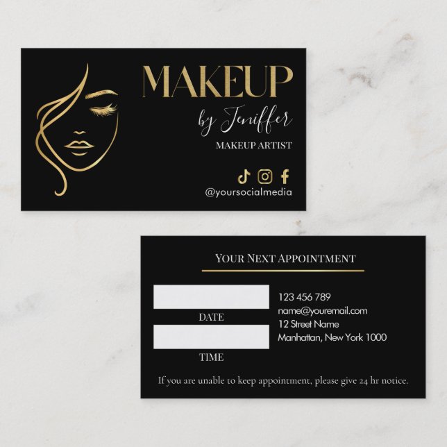 Cartão De Horário Luxury Black & Gold Makeup Appointment Card (Frente/Verso)