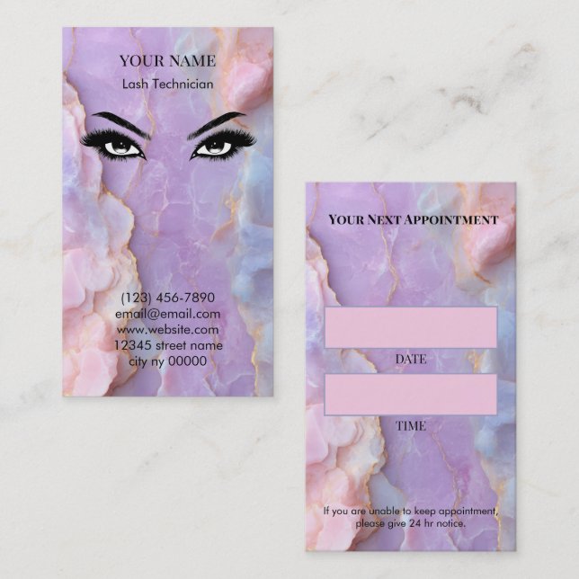 Cartão De Horário Luxury Pastel Marble Lash Artist Appointment Card (Frente/Verso)