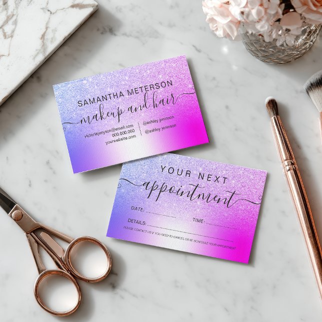 Cartão De Horário Makeup hair pink purple glitter metallic foil (Makeup hair pink purple glitter metallic foil appointment card)