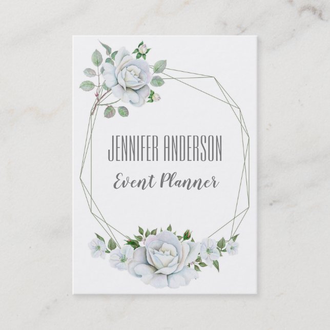 Cartão De Horário Marble Geométrico Branco Floral (Frente)