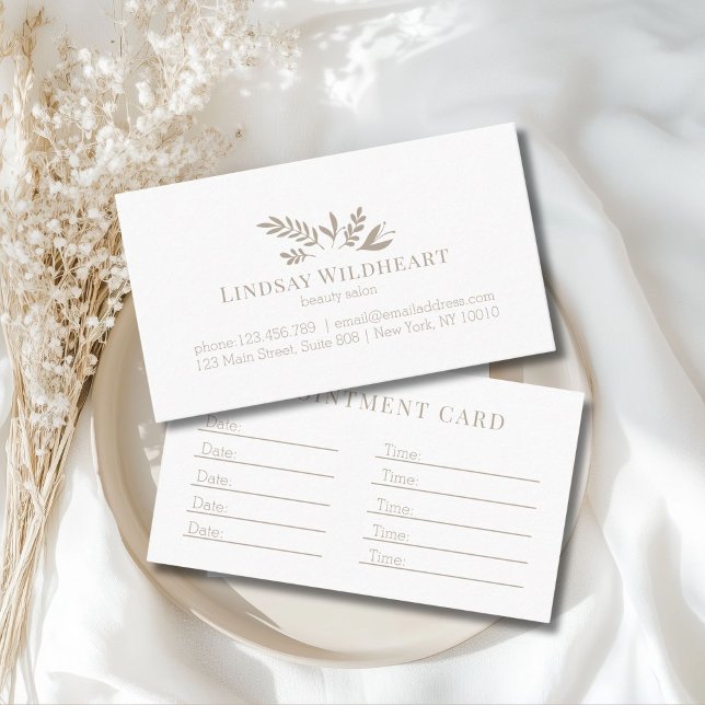 Cartão De Horário Minimal White Botanical Salon (Custom Minimal White Botanical Salon Appointment Card)