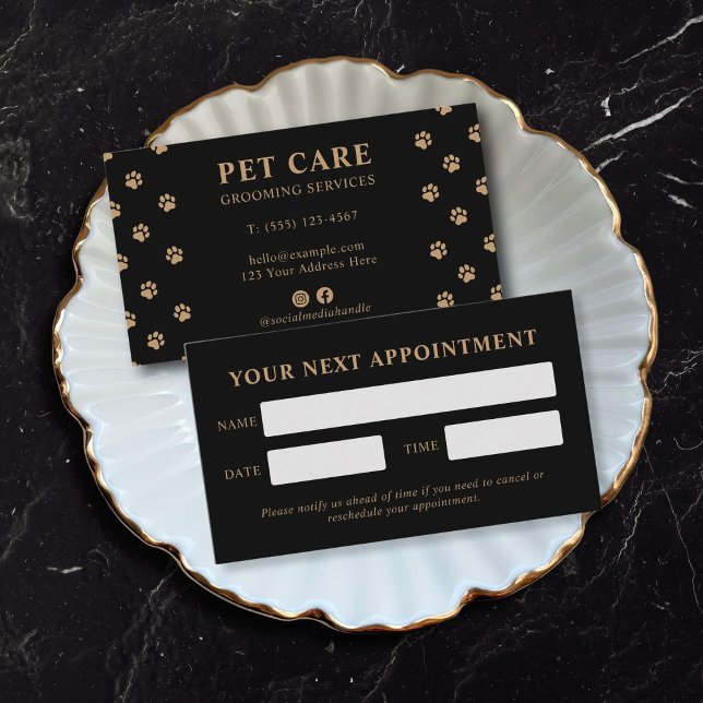Cartão De Horário Modern Luxury Black Golden Paw Pet Care (modern luxury charcoal black gold paw pet appointment card)