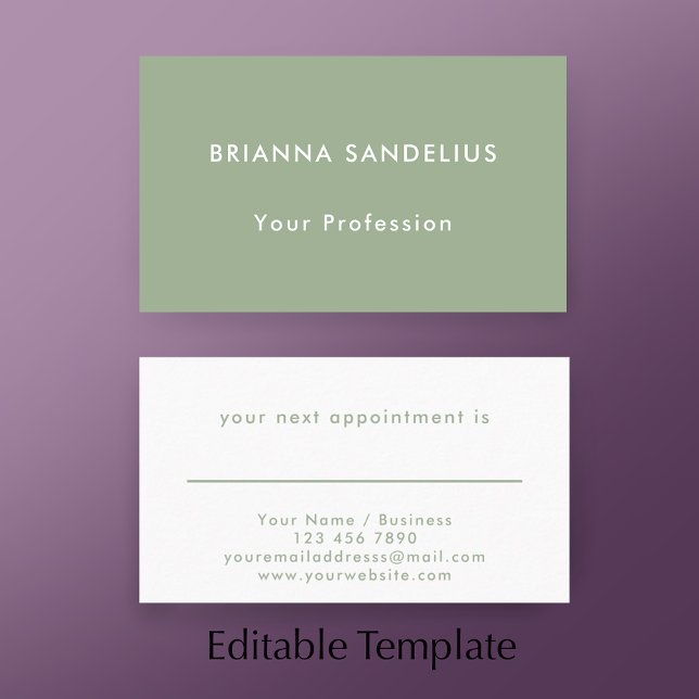 Cartão De Horário Modern Simple Sage Green Custom Business (Add your custom text to this modern sage green appointment card template.
)